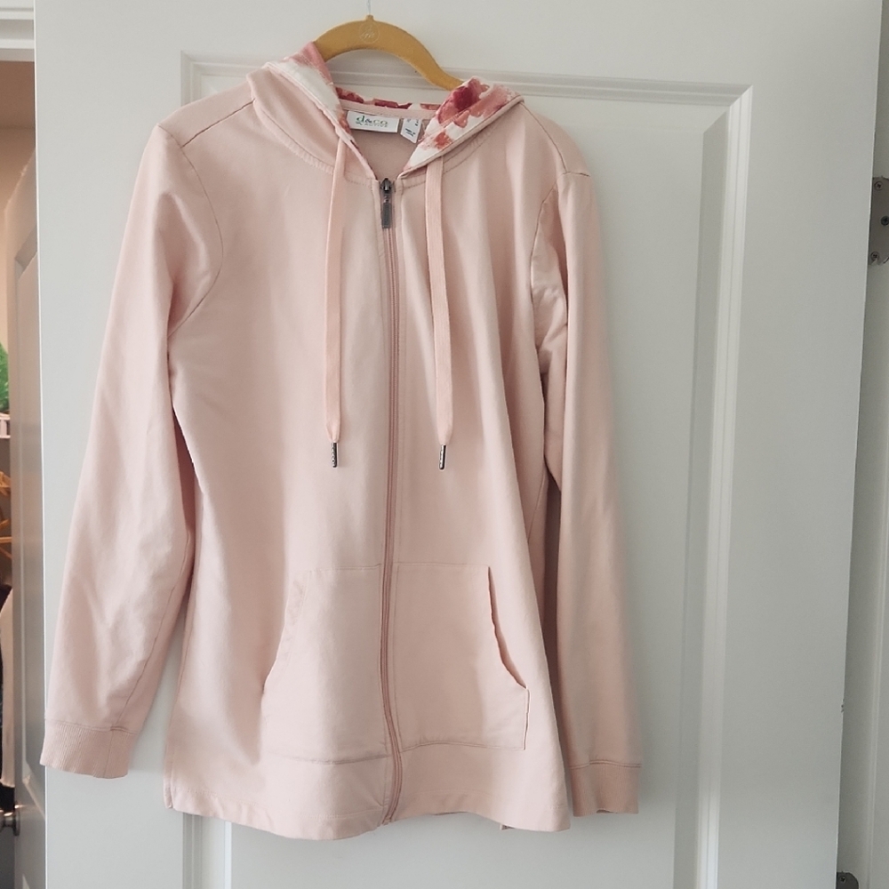 Denim&Co Light Pink Hoodie with Floral Hood